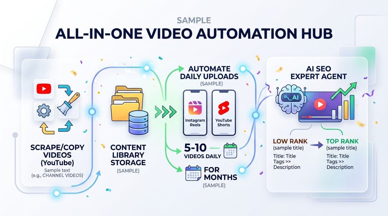 Short upload flow: scrape or copy YouTube videos into a content library, automate 5-10 daily uploads to Instagram Reels and YouTube Shorts for months, with an AI SEO agent rewriting titles, tags and descriptions.