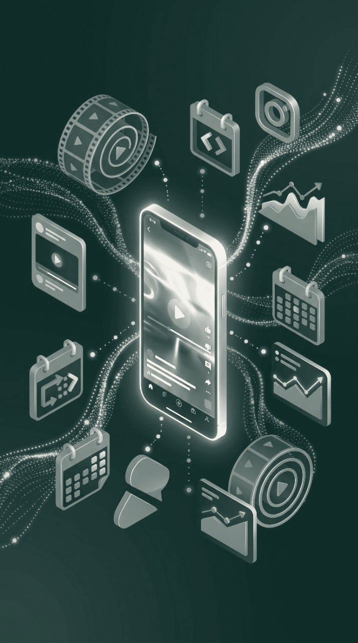 Illustration: one phone at the centre, surrounded by the video, calendar and analytics pieces it connects